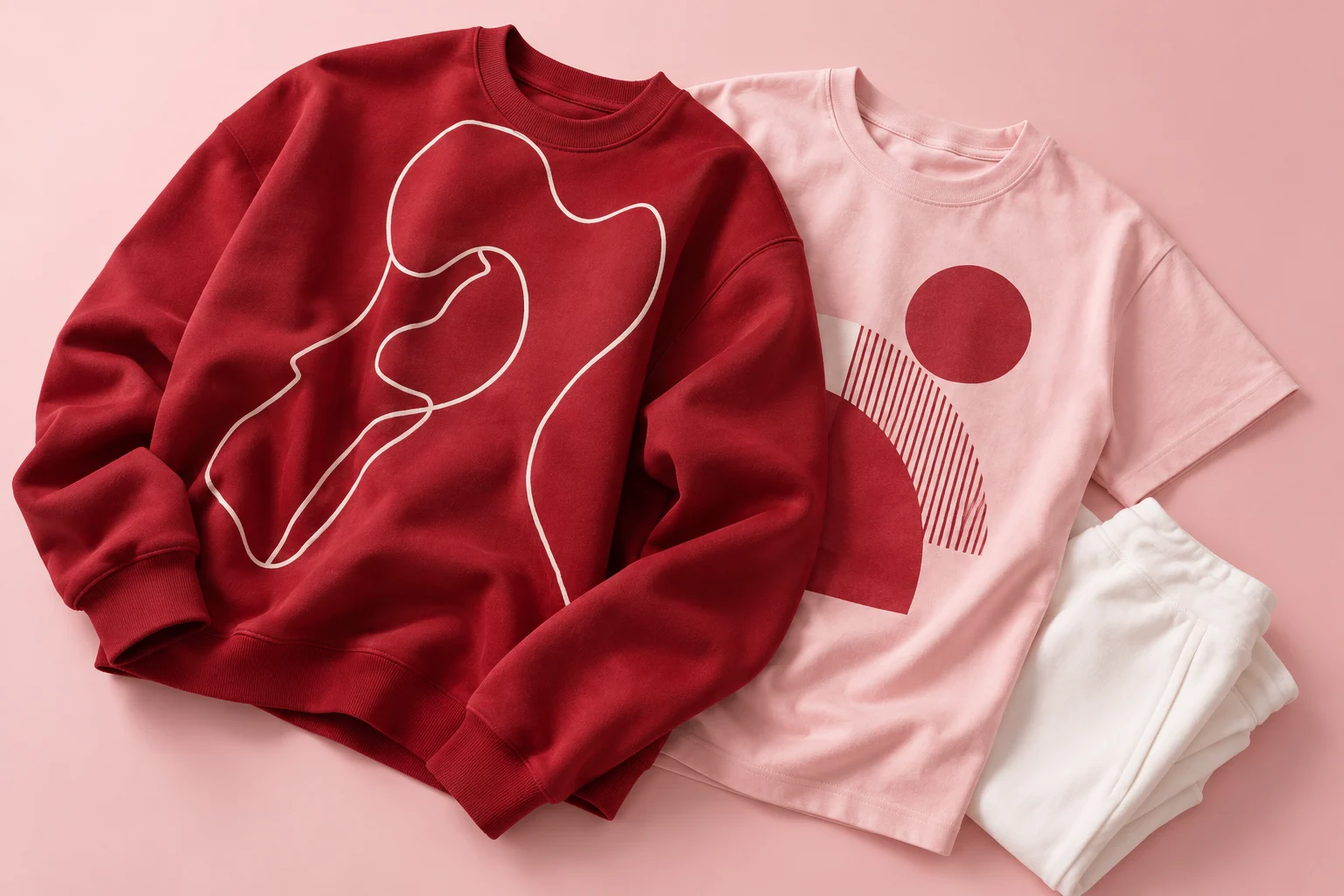 Illustrative red sweatshirt and pink t-shirt design with abstract garment graphics